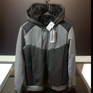 🇺🇸Made Hooded Coat W/Fur Interior Flex Fit W/Full Front Zip Grey & Black Coat